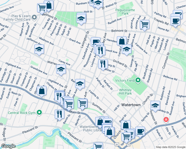 map of restaurants, bars, coffee shops, grocery stores, and more near 22 Downey Street in Watertown