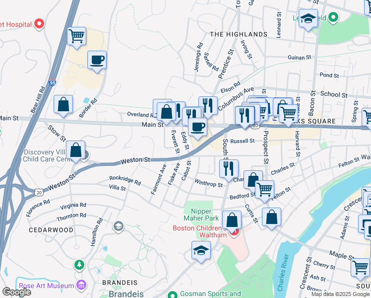 map of restaurants, bars, coffee shops, grocery stores, and more near 11 Eddy Street in Waltham