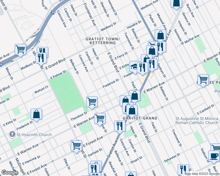 map of restaurants, bars, coffee shops, grocery stores, and more near 6924 Frederick Street in Detroit