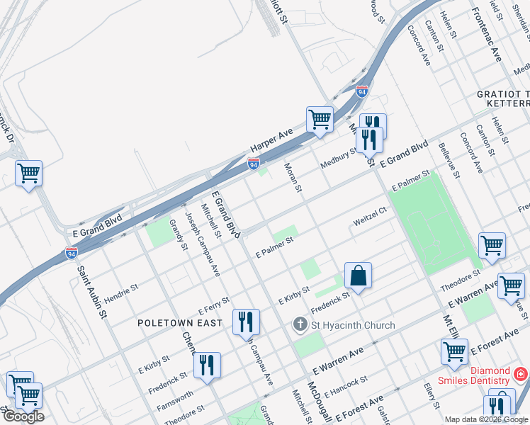 map of restaurants, bars, coffee shops, grocery stores, and more near 1880 East Grand Boulevard in Detroit