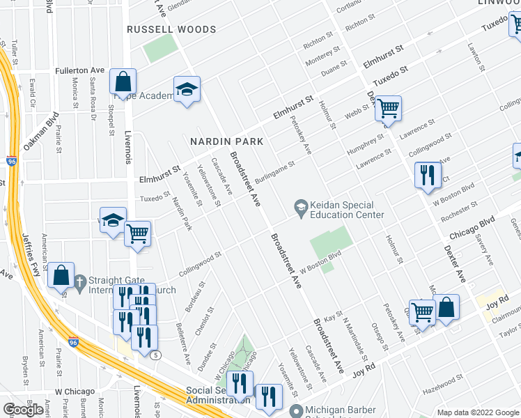 map of restaurants, bars, coffee shops, grocery stores, and more near 11387 Broadstreet Avenue in Detroit