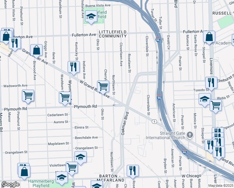 map of restaurants, bars, coffee shops, grocery stores, and more near 11150 Northlawn Street in Detroit