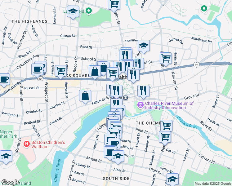 map of restaurants, bars, coffee shops, grocery stores, and more near 83 Moody Street in Waltham
