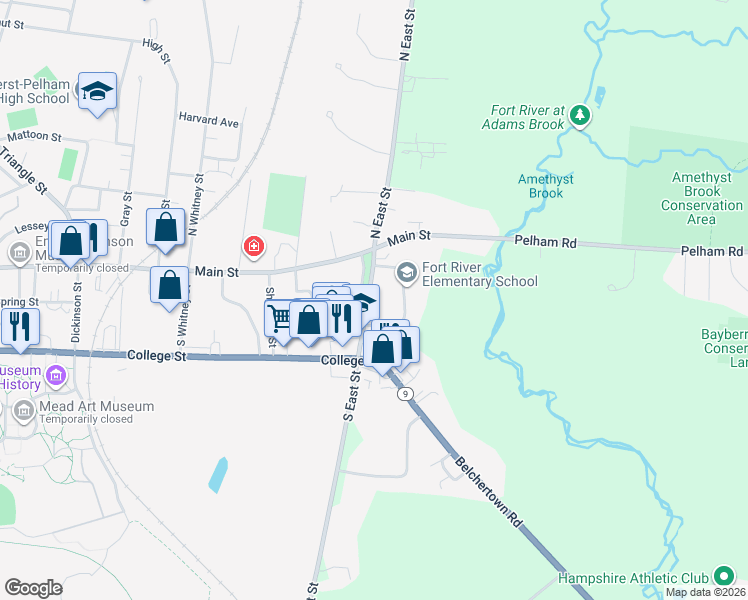 map of restaurants, bars, coffee shops, grocery stores, and more near 68 South East Street in Amherst