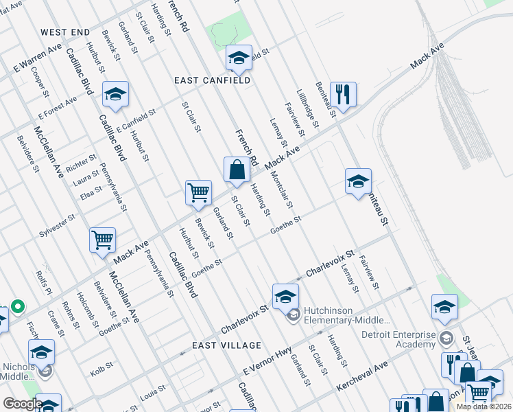 map of restaurants, bars, coffee shops, grocery stores, and more near 3499 Harding Street in Detroit