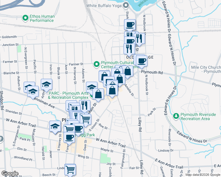 map of restaurants, bars, coffee shops, grocery stores, and more near 285 North Main Street in Plymouth