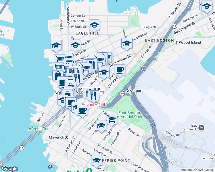map of restaurants, bars, coffee shops, grocery stores, and more near 223 Marion Street in Boston