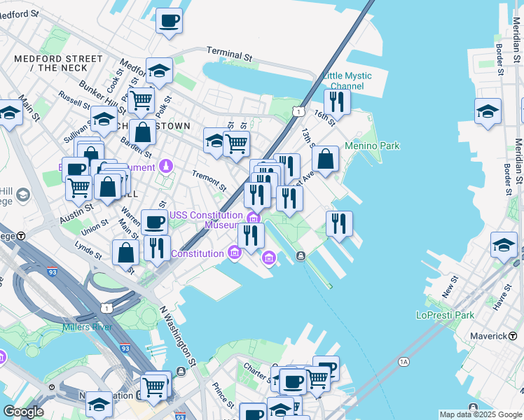 map of restaurants, bars, coffee shops, grocery stores, and more near 32 1st Avenue in Boston