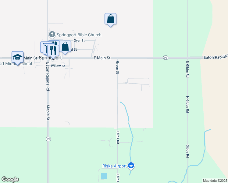 map of restaurants, bars, coffee shops, grocery stores, and more near 280 Green St in Springport