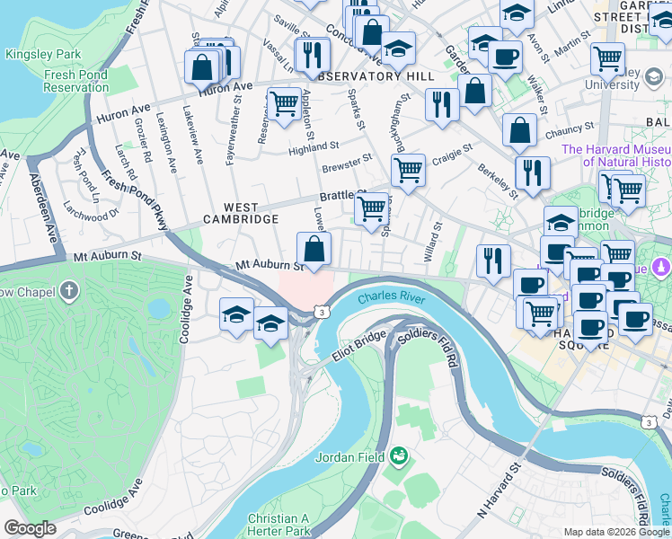 map of restaurants, bars, coffee shops, grocery stores, and more near 25 Lowell Street in Cambridge