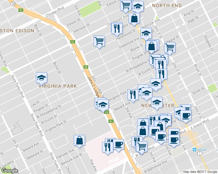 map of restaurants, bars, coffee shops, grocery stores, and more near 848 West Euclid Street in Detroit