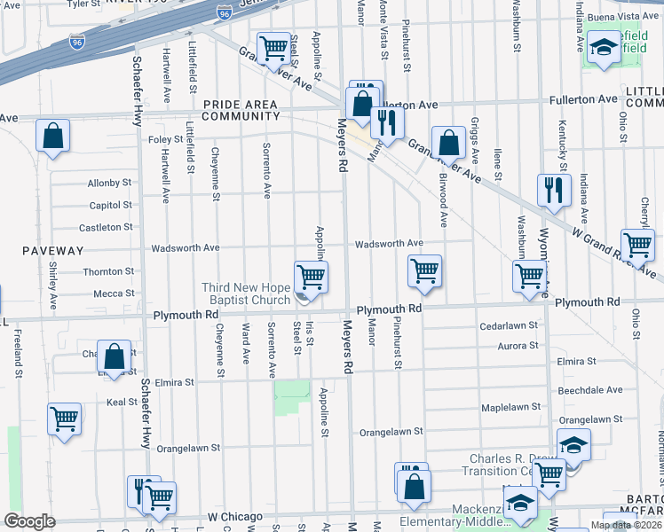 map of restaurants, bars, coffee shops, grocery stores, and more near 11718 Appoline Street in Detroit