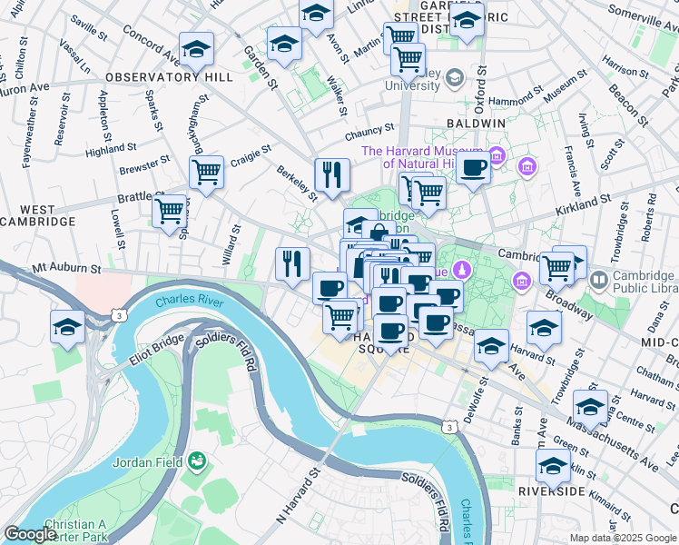 map of restaurants, bars, coffee shops, grocery stores, and more near 62 Brattle Street in Cambridge