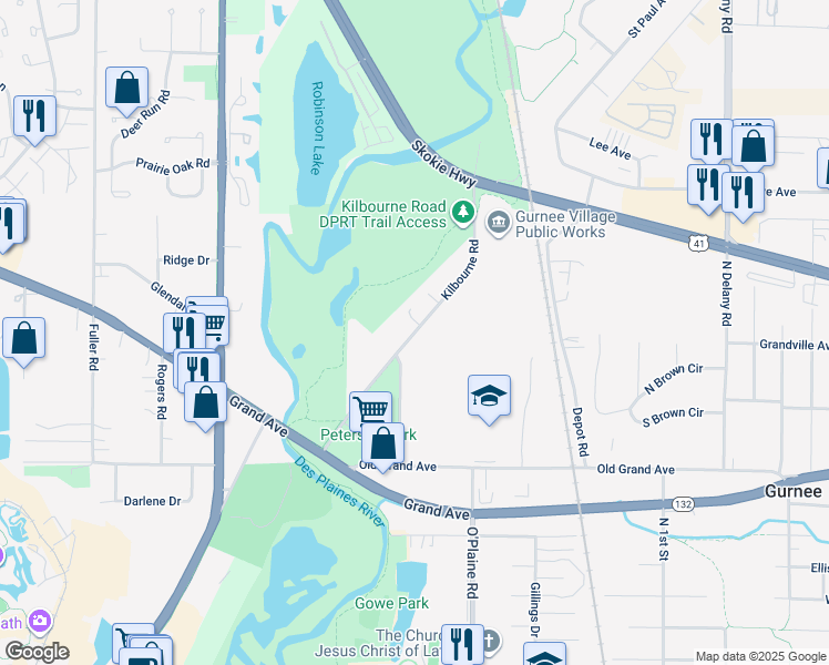 map of restaurants, bars, coffee shops, grocery stores, and more near Kilbourne Road in Gurnee