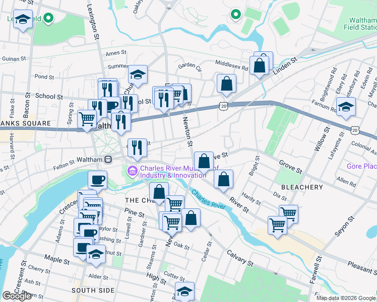 map of restaurants, bars, coffee shops, grocery stores, and more near 47 Amory Road in Waltham