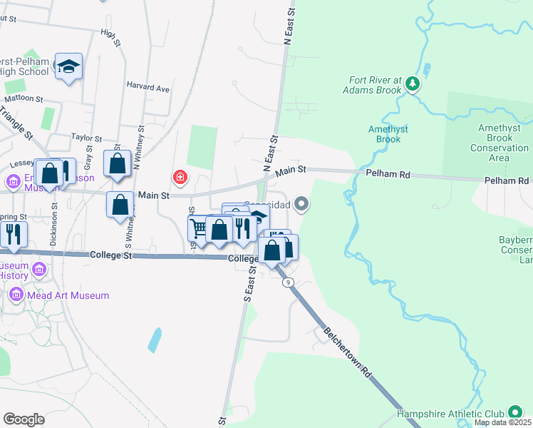 map of restaurants, bars, coffee shops, grocery stores, and more near 68 South East Street in Amherst