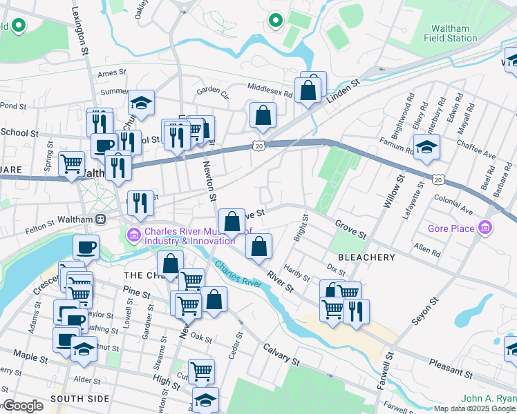 map of restaurants, bars, coffee shops, grocery stores, and more near 23 Centre Street in Waltham