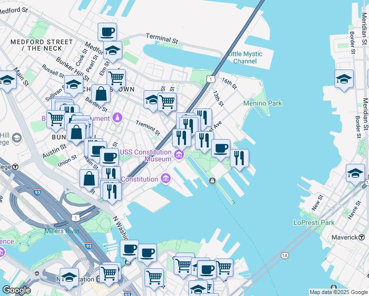 map of restaurants, bars, coffee shops, grocery stores, and more near 32 1st Avenue in Boston