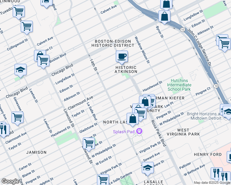 map of restaurants, bars, coffee shops, grocery stores, and more near 2044 Taylor Street in Detroit