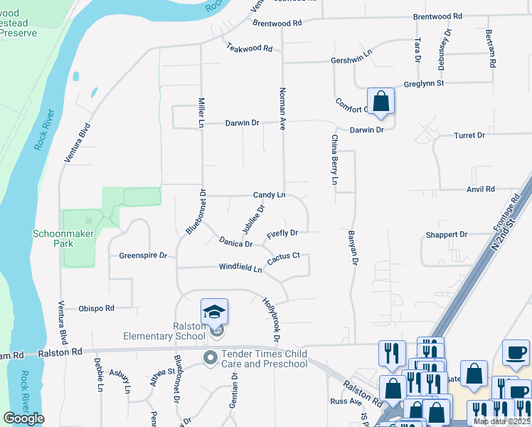 map of restaurants, bars, coffee shops, grocery stores, and more near 10557 Jubilee Drive in Machesney Park