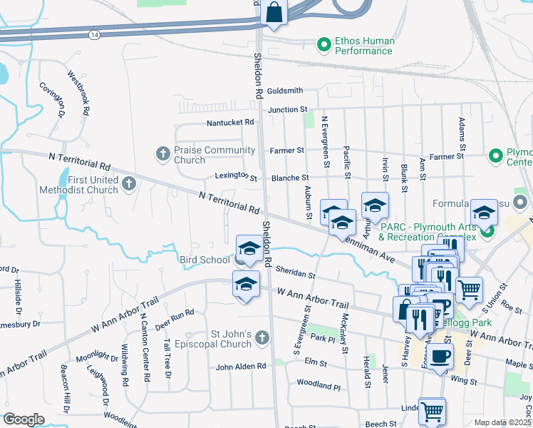 map of restaurants, bars, coffee shops, grocery stores, and more near Sheldon Rd & N Territorial Rd in Plymouth