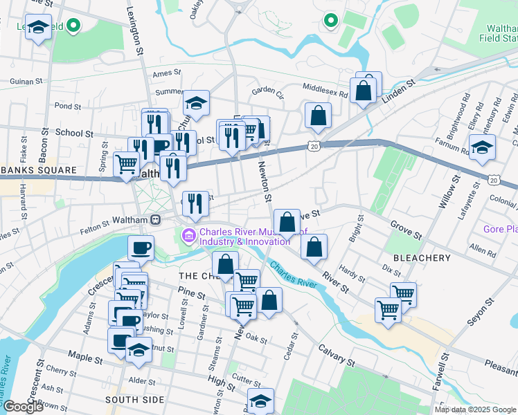map of restaurants, bars, coffee shops, grocery stores, and more near 47 Amory Road in Waltham