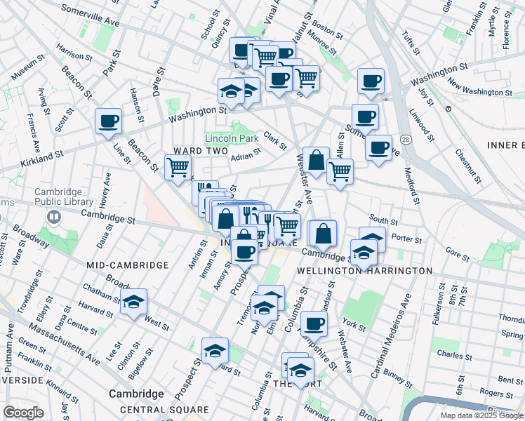 map of restaurants, bars, coffee shops, grocery stores, and more near 25 Houghton Street in Somerville