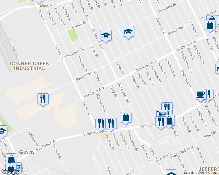 map of restaurants, bars, coffee shops, grocery stores, and more near 12814 Kercheval Avenue in Detroit