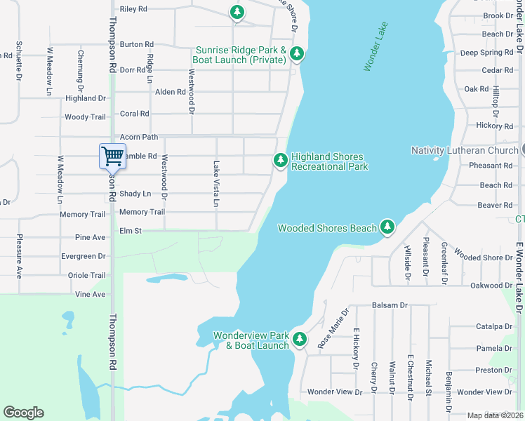 map of restaurants, bars, coffee shops, grocery stores, and more near 3312 West Lake Shore Drive in Wonder Lake