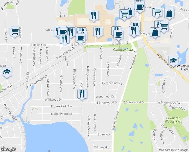 map of restaurants, bars, coffee shops, grocery stores, and more near 1425 Kenmore Avenue in Round Lake Beach