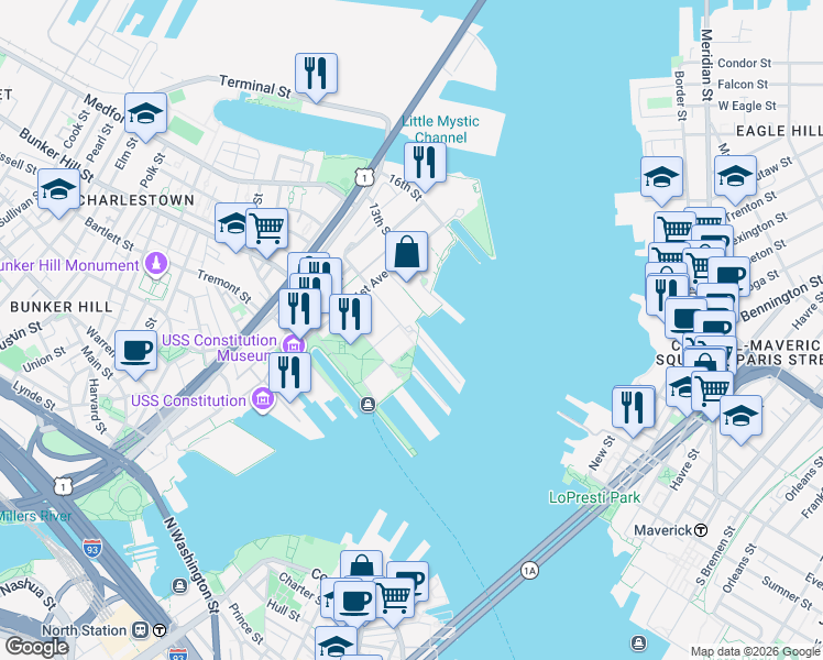 map of restaurants, bars, coffee shops, grocery stores, and more near 4 Constellation Wharf in Boston