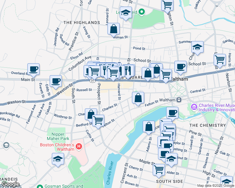 map of restaurants, bars, coffee shops, grocery stores, and more near 35 Harvard Street in Waltham