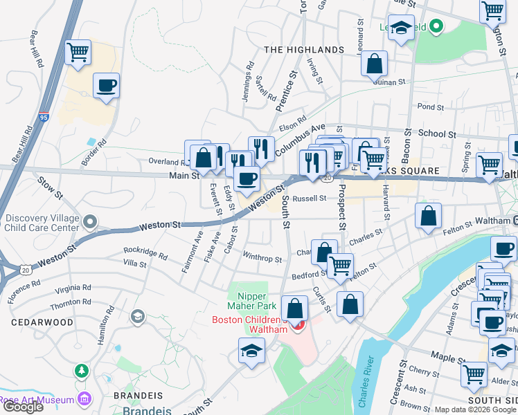map of restaurants, bars, coffee shops, grocery stores, and more near 54 Weston Street in Waltham