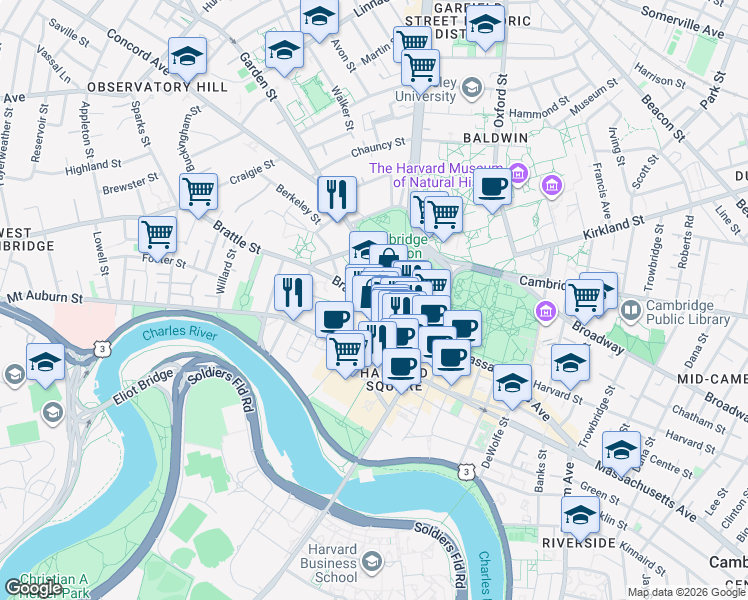 map of restaurants, bars, coffee shops, grocery stores, and more near 6 Appian Way in Cambridge