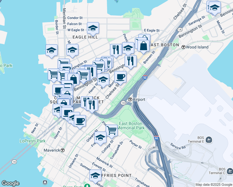 map of restaurants, bars, coffee shops, grocery stores, and more near 217 Chelsea Street in Boston