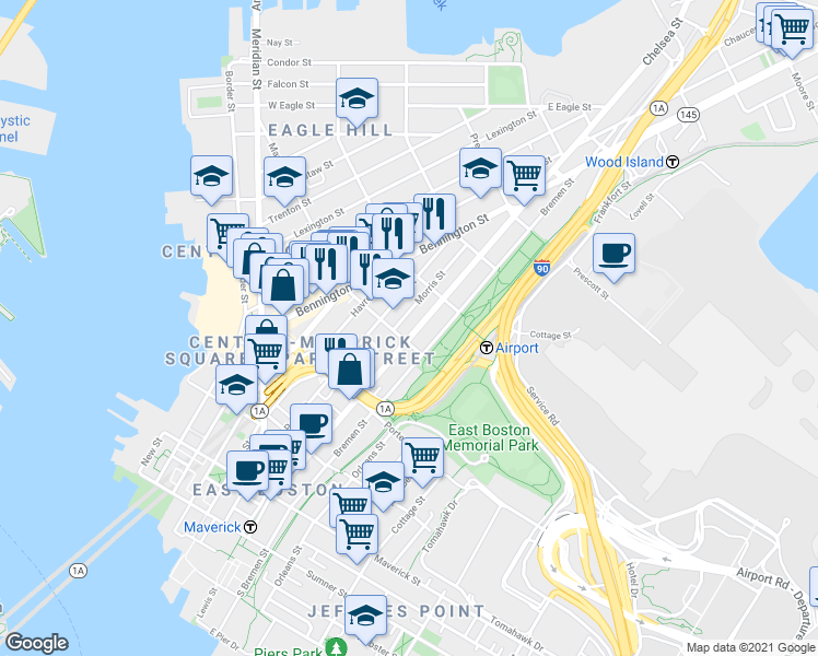 map of restaurants, bars, coffee shops, grocery stores, and more near 223 Marion Street in Boston