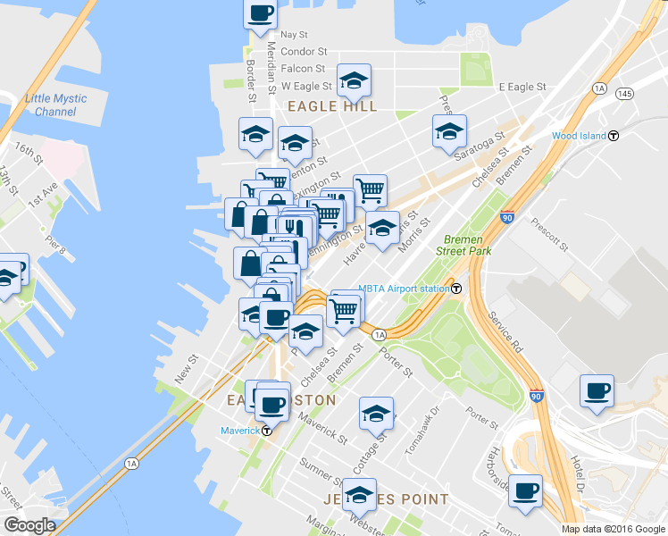 map of restaurants, bars, coffee shops, grocery stores, and more near 67 Bennington Street in Boston