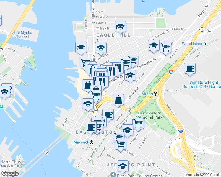 map of restaurants, bars, coffee shops, grocery stores, and more near 67 Bennington Street in Boston