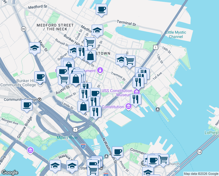 map of restaurants, bars, coffee shops, grocery stores, and more near 6 Wallace Court in Boston