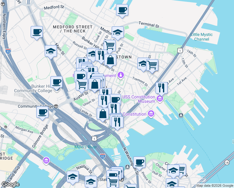 map of restaurants, bars, coffee shops, grocery stores, and more near 47 Soley Street in Boston