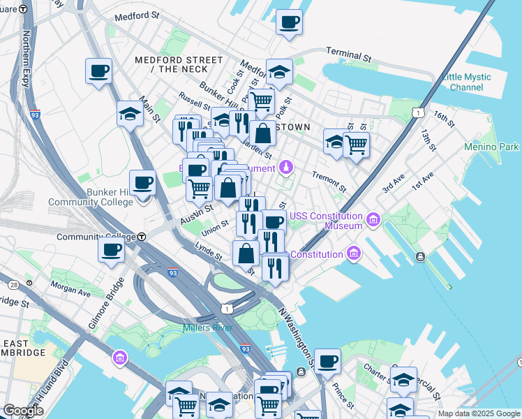 map of restaurants, bars, coffee shops, grocery stores, and more near 34A Pleasant Street in Boston