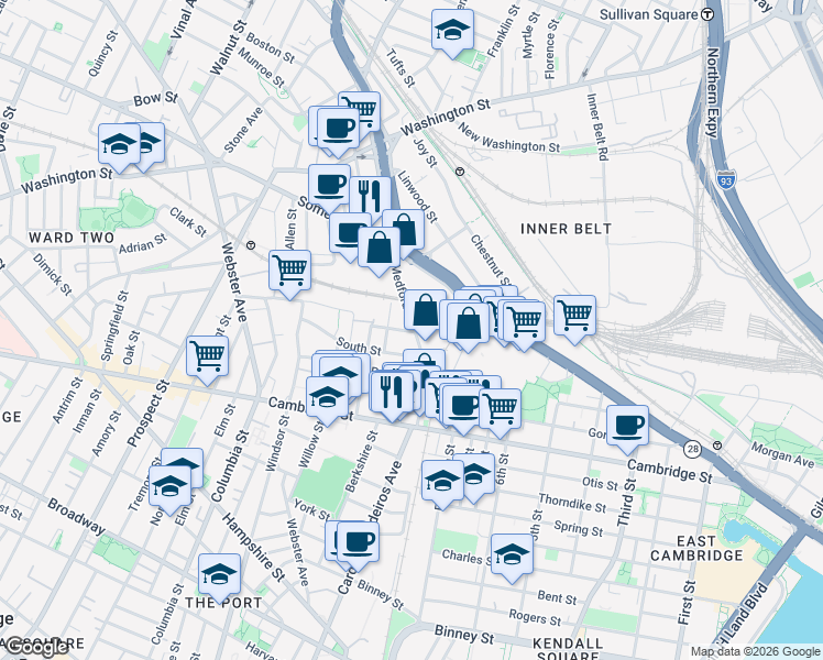 map of restaurants, bars, coffee shops, grocery stores, and more near 39R Medford Street in Somerville