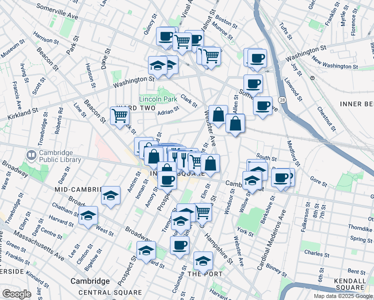 map of restaurants, bars, coffee shops, grocery stores, and more near 110 Prospect Street in Somerville