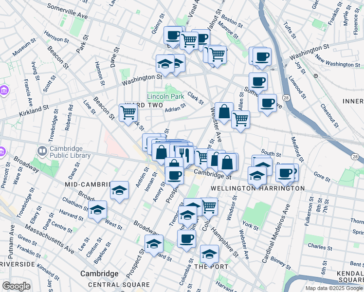 map of restaurants, bars, coffee shops, grocery stores, and more near 25 Houghton Street in Somerville