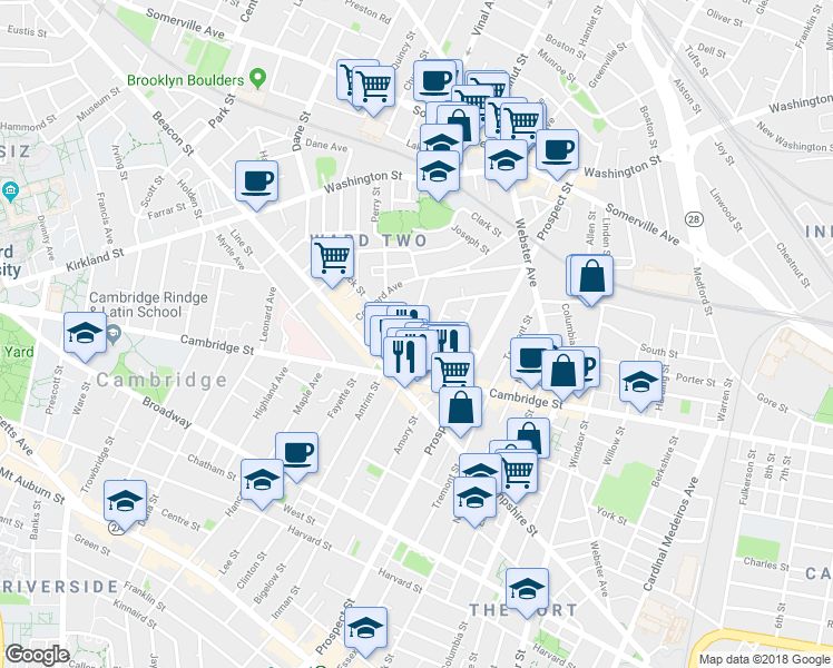 map of restaurants, bars, coffee shops, grocery stores, and more near 37 Springfield Street in Somerville