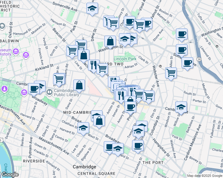 map of restaurants, bars, coffee shops, grocery stores, and more near 17 Hammond Street in Somerville