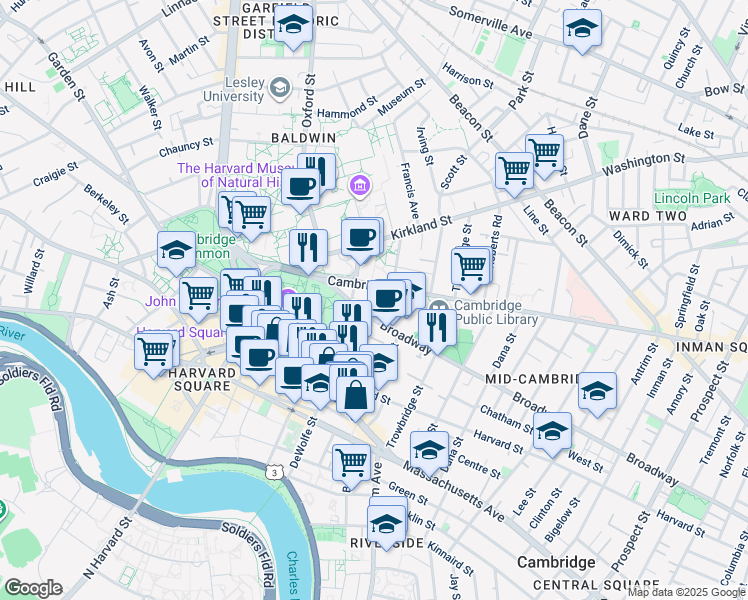 map of restaurants, bars, coffee shops, grocery stores, and more near 95 Prescott Street in Cambridge
