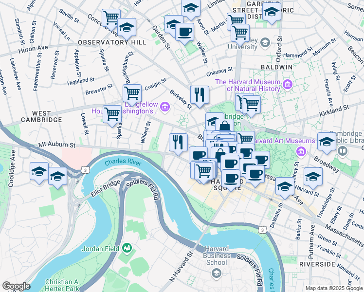 map of restaurants, bars, coffee shops, grocery stores, and more near 6 Acacia Street in Cambridge