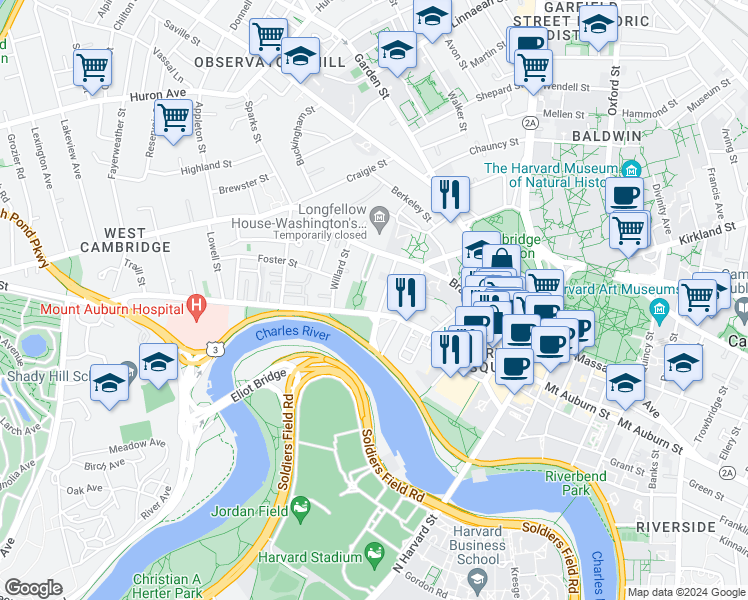 map of restaurants, bars, coffee shops, grocery stores, and more near 16 Longfellow Park in Cambridge