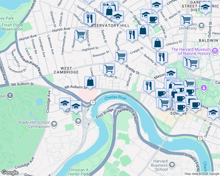 map of restaurants, bars, coffee shops, grocery stores, and more near 5 Shaler Lane in Cambridge